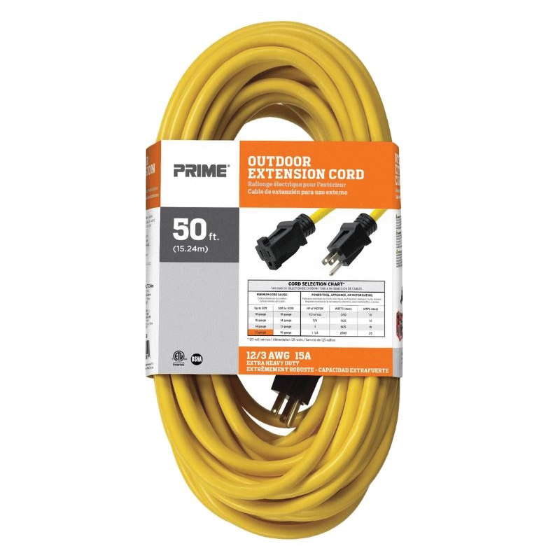 Prime EC500830 Outdoor Extension Cord, 12 AWG Wire, 3 -Conductor, 50 ft L, Yellow Sheath, 125 V - 2