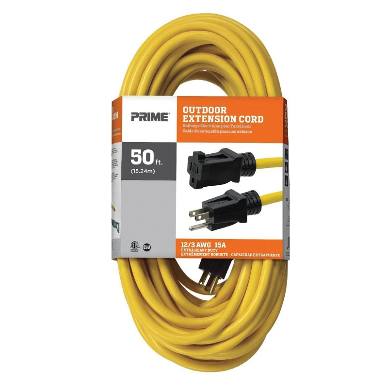Prime EC500830 Outdoor Extension Cord, 12 AWG Wire, 3 -Conductor, 50 ft L, Yellow Sheath, 125 V - 3