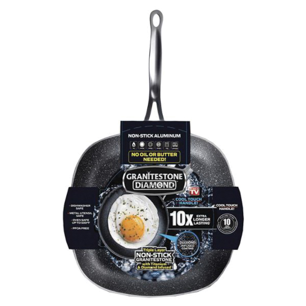 GRANITESTONE 2147 Frying Pan, 9-1/2 in Dia, Aluminum, Black, Granitestone, Square, Non-Stick: Yes - 2