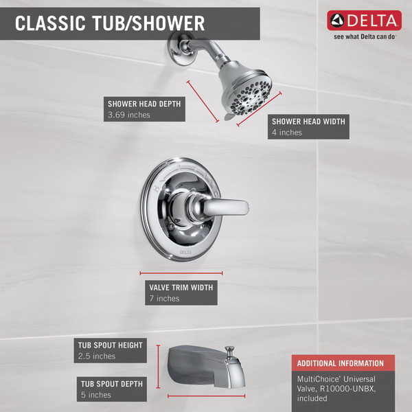 Delta 13 Series 134900-A Tub and Shower Complete Rough and Trim, 1.75 gpm Showerhead, Shower/Tub Diverter Tub Spout - 3
