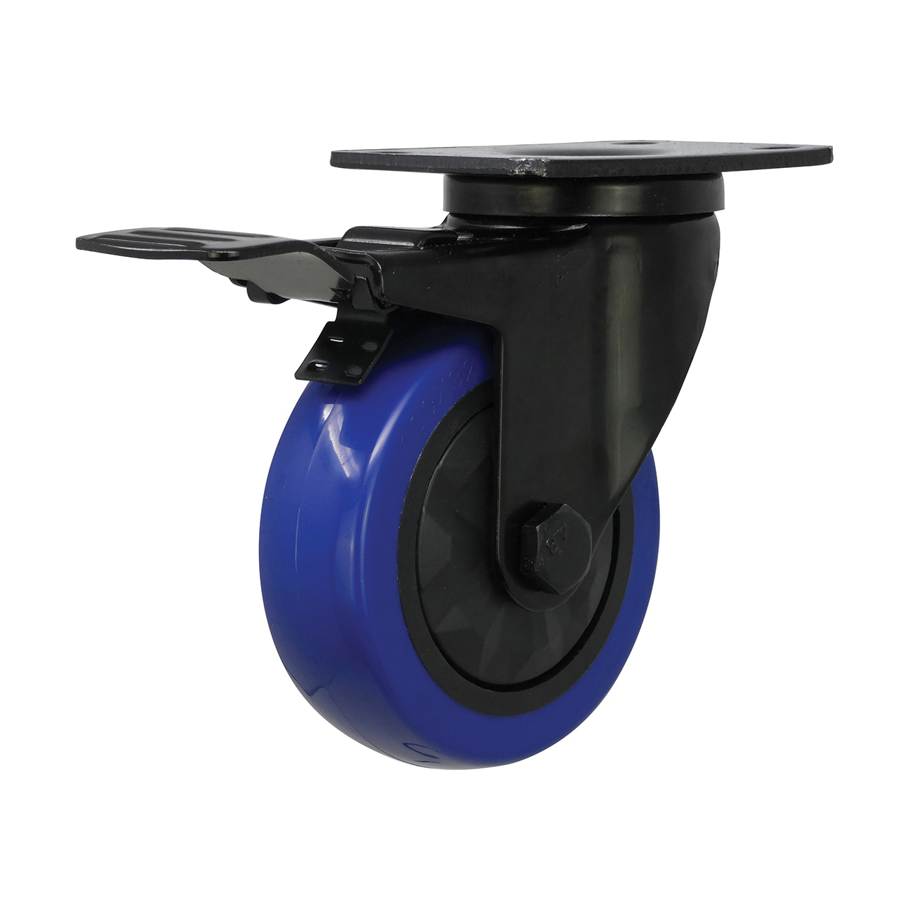 3664 Swivel Caster with Brake, 4 in Dia Wheel, TPU Wheel, Black/Blue, 300 lb