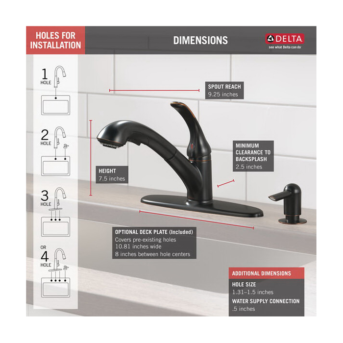 Foundations Kitchen Faucet, Delta, Pull Out, 1-Handle, Oil Rubbed Bronze, Includes Sprayer - 4