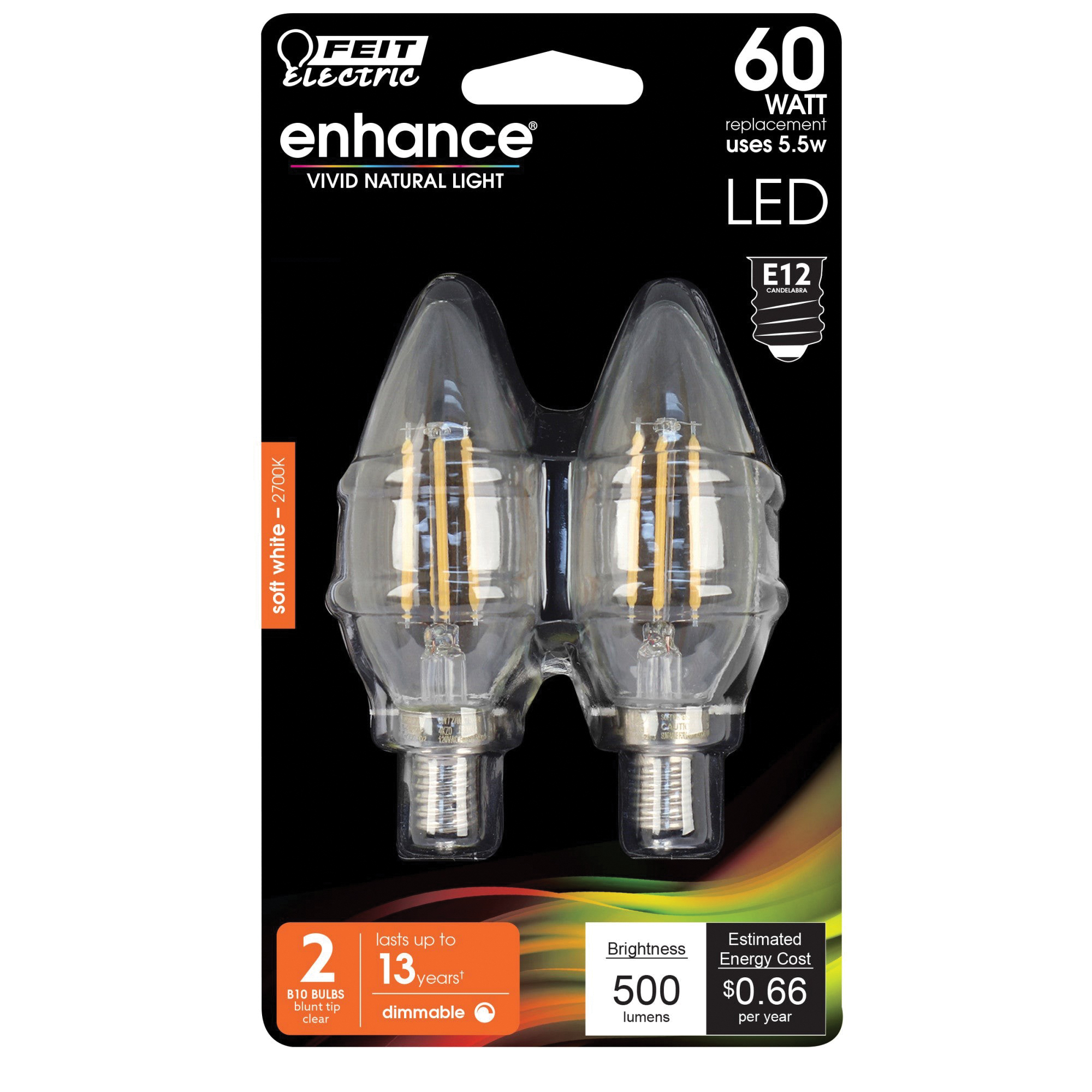 Feit Electric BPCTC60927CAFIL/2/RP Filament LED Bulb, Decorative, B10 Lamp, 60 W Equivalent, E12 Candelabra Lamp Base - 2