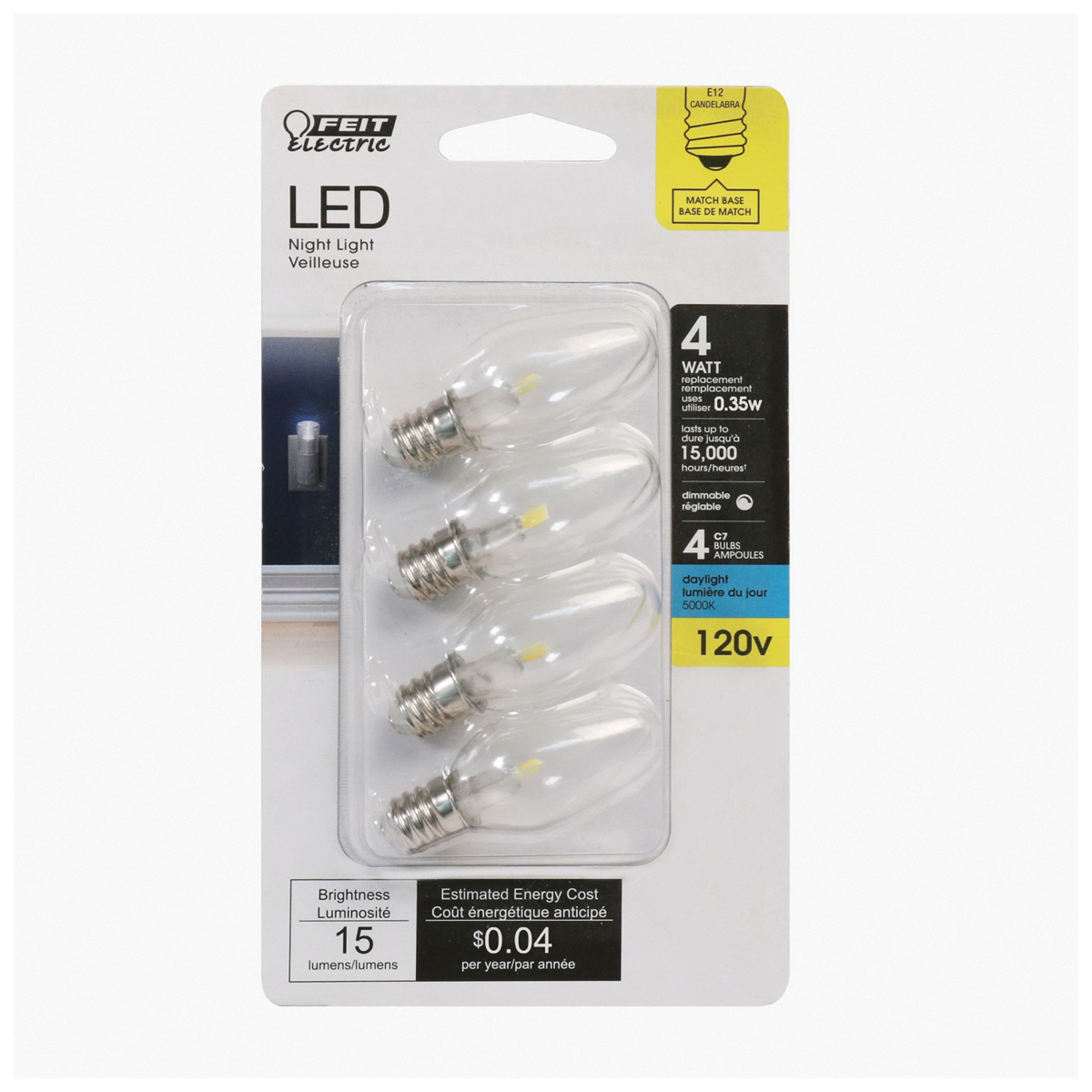 Feit Electric BP4C7/850/LED/4 LED Night Light Bulb, 0.35 W, E12 Candelabra Lamp Base, C7 Lamp, Daylight Light - 2