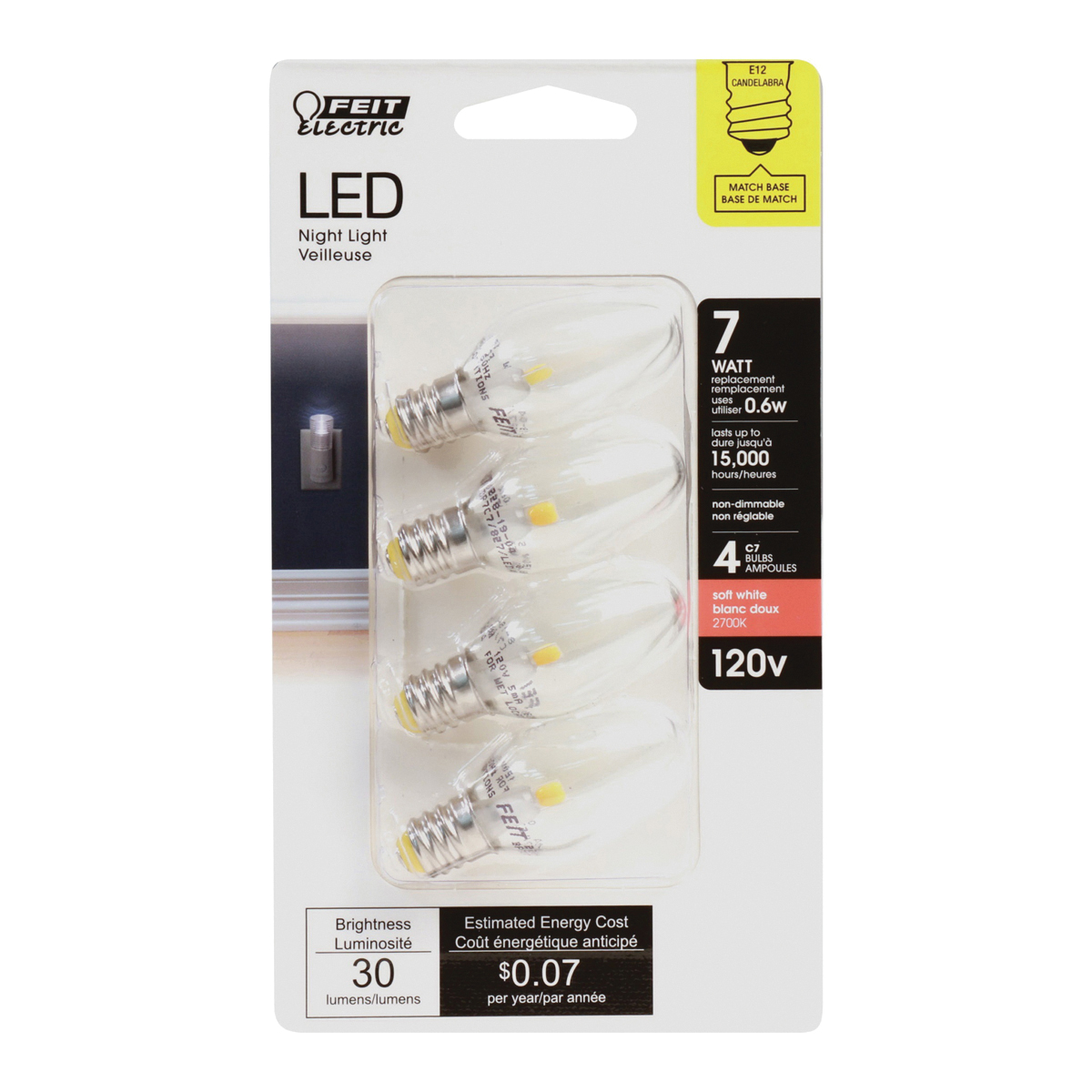Feit Electric BP7C7/827/LED/4 Night Light LED Bulb, Soft White Light, Clear Lamp, 0.6 W, E12 Candelabra Lamp Base - 2