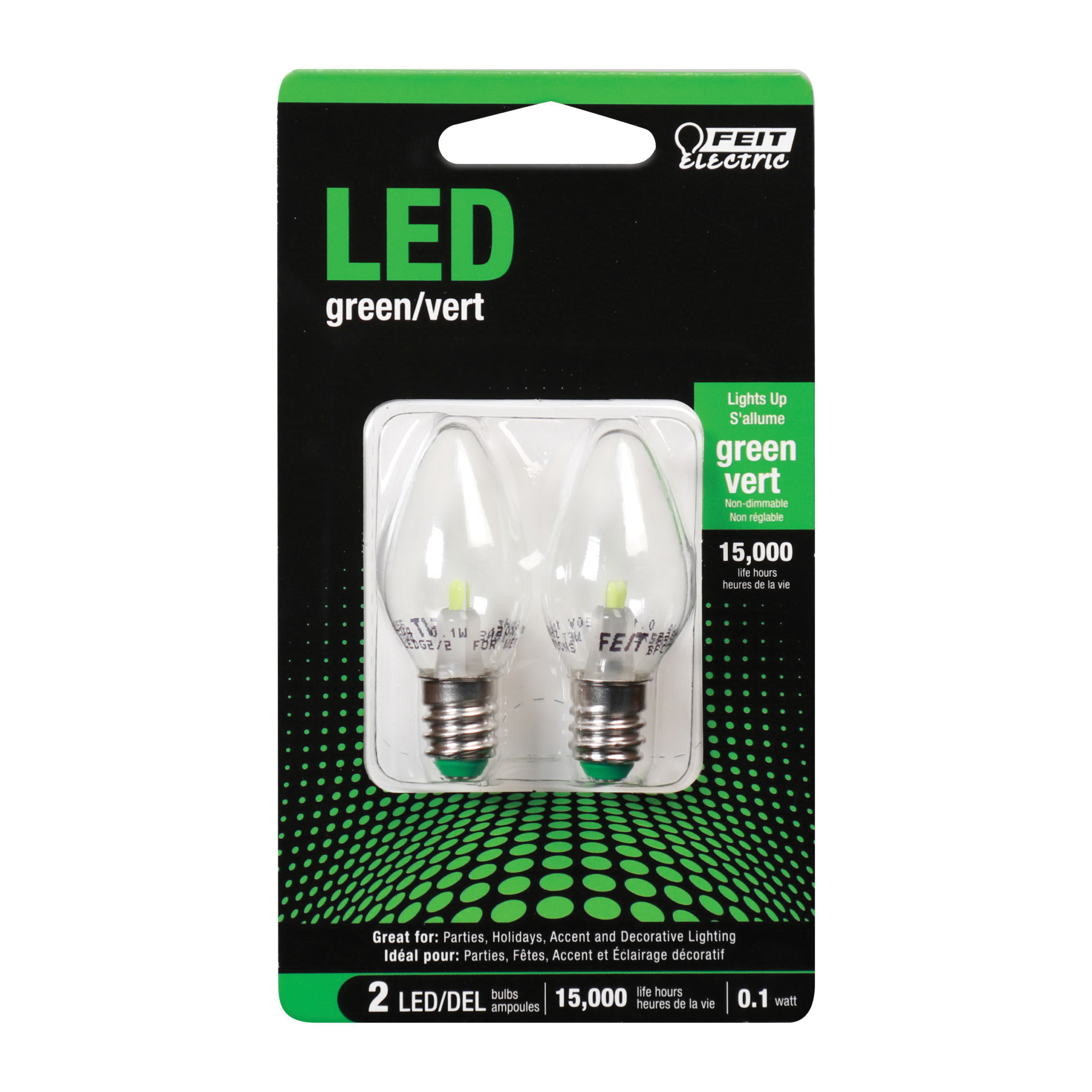 Feit 1 Watt Equivalent C7 LED Night Light Bulb, Feit Electric, E12 Candelabra Base, 6 Lumen, Green Light, 2 pk - 2