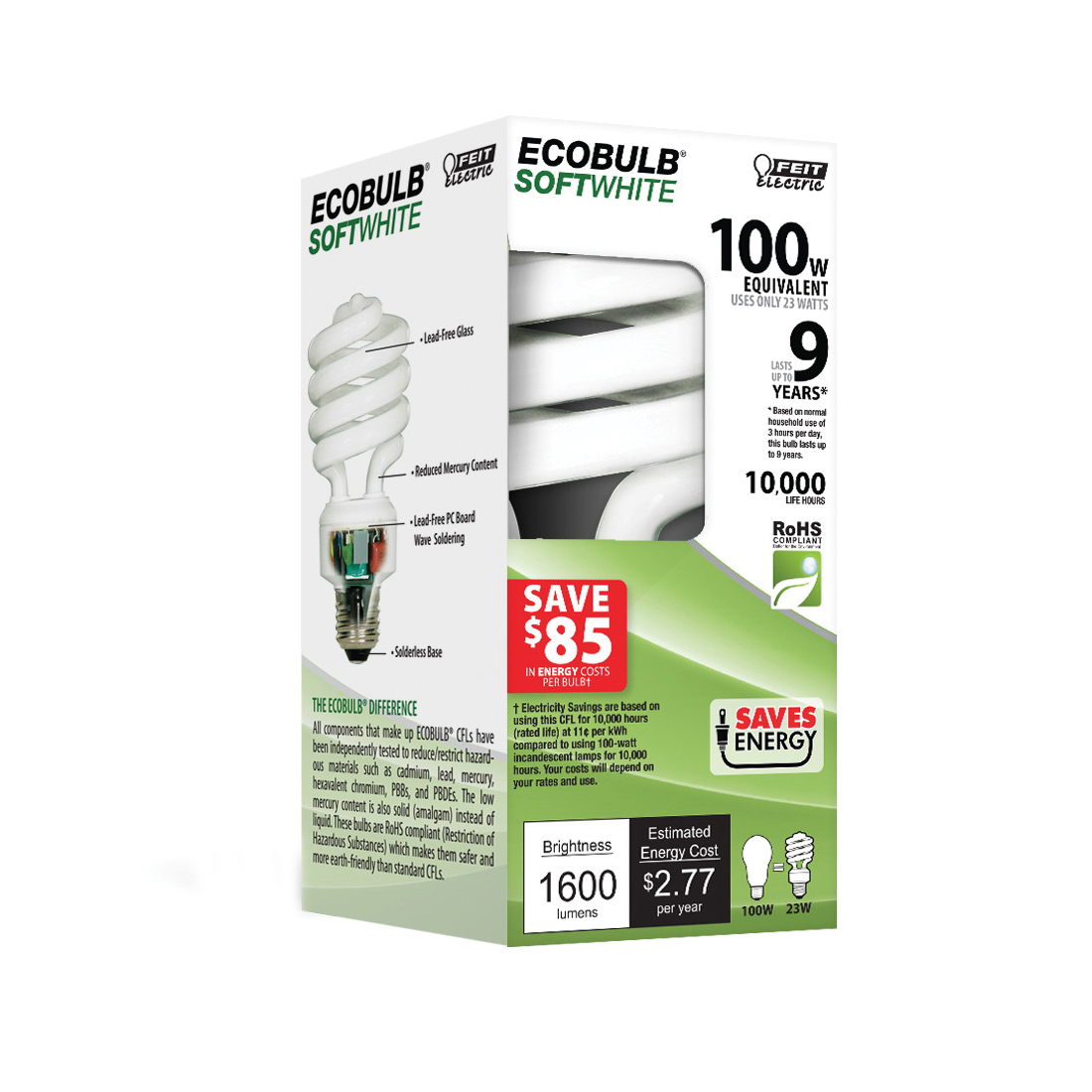 Feit Electric ESL23TM/ECO Fluorescent Bulb, 23 W, Twist Lamp, E26 Medium Lamp Base, 1600 Lumens, Soft White Light - 2