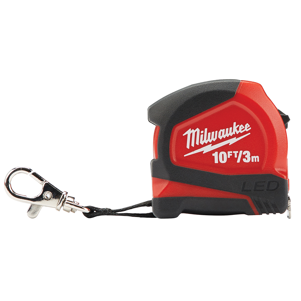 Measuring Tape with LED, Milwaukee, 10 ft L, 1/2 in W, Black/Red Case - 1