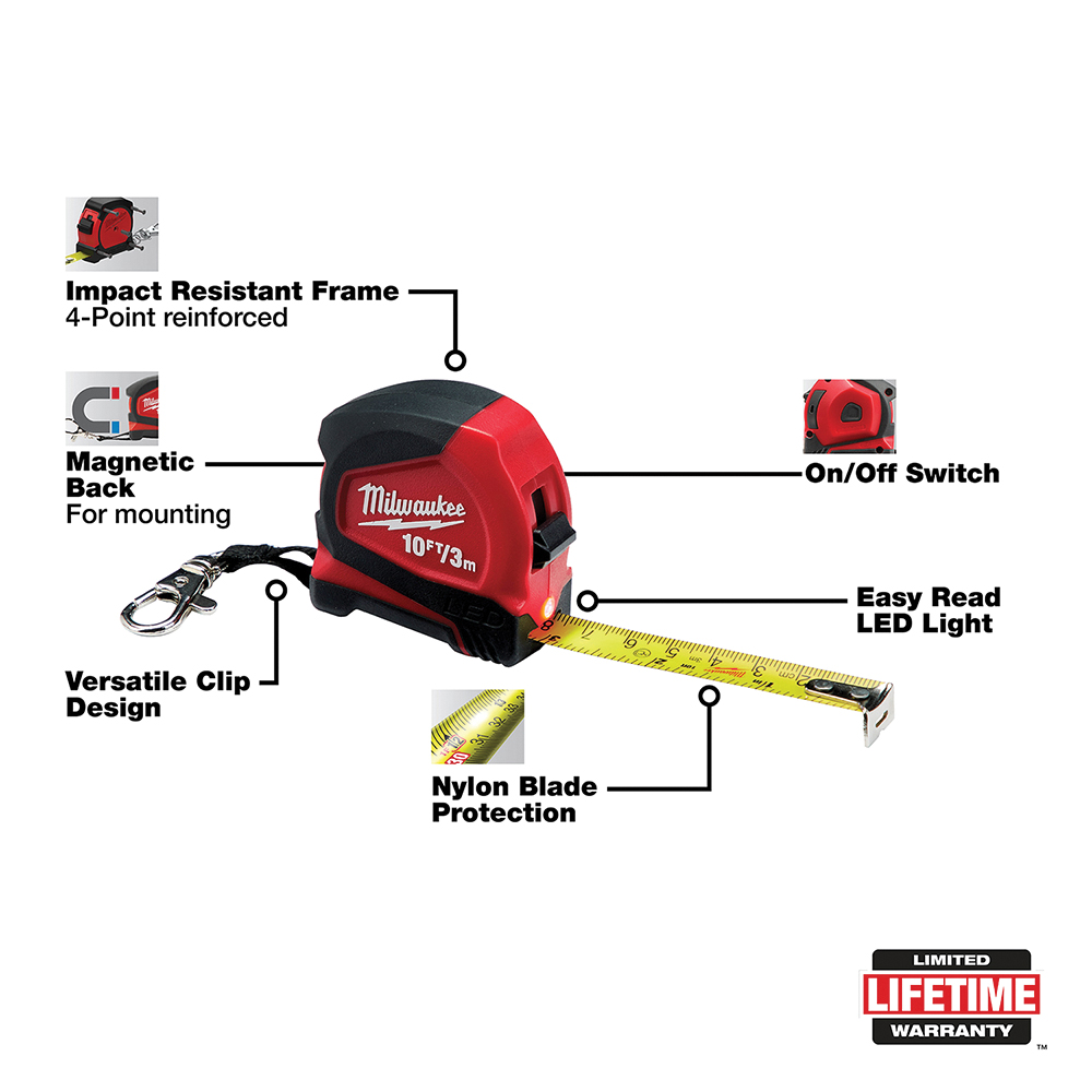 Measuring Tape with LED, Milwaukee, 10 ft L, 1/2 in W, Black/Red Case - 2