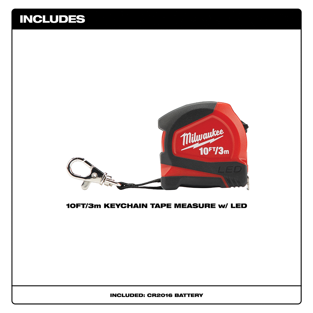 Measuring Tape with LED, Milwaukee, 10 ft L, 1/2 in W, Black/Red Case - 3