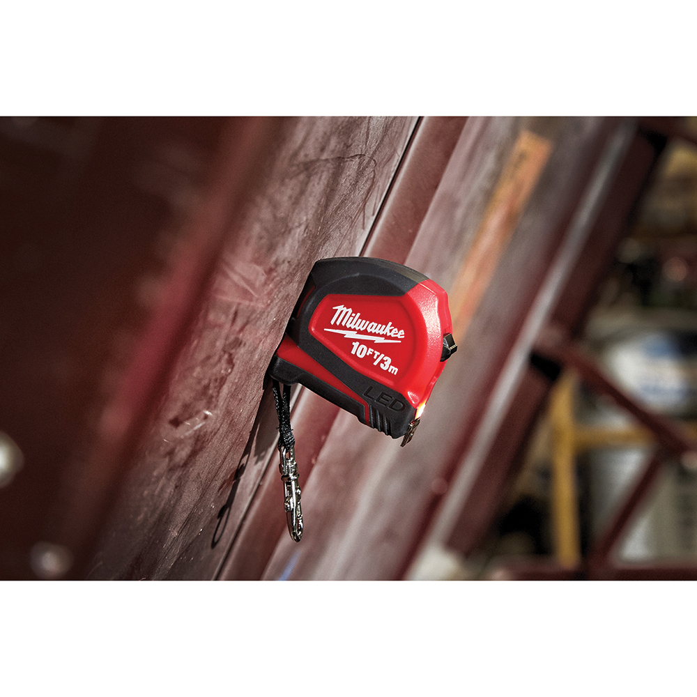 Measuring Tape with LED, Milwaukee, 10 ft L, 1/2 in W, Black/Red Case - 4