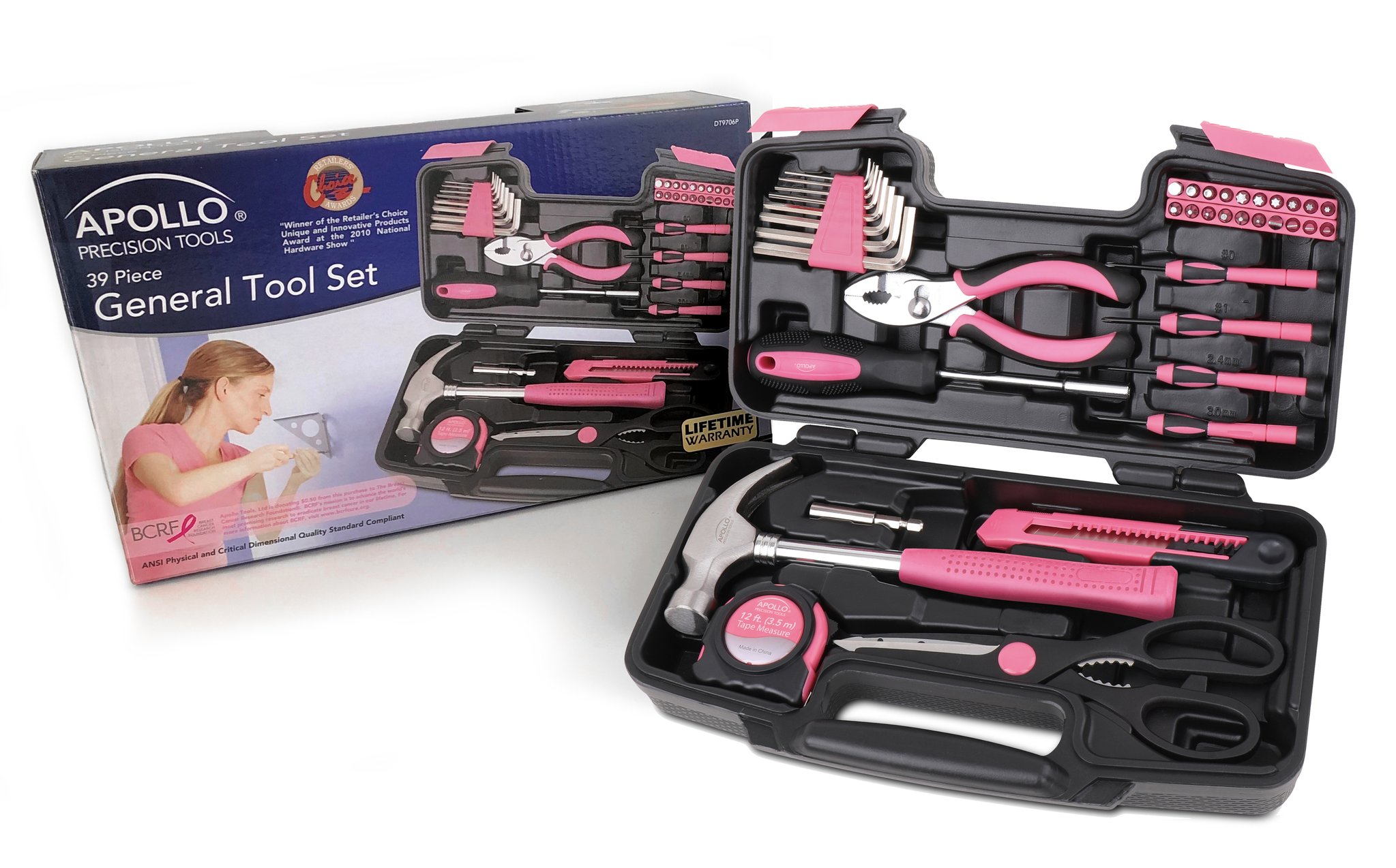 Household Hand Tool Set, Apollo Precision Tools, 39-Piece, Pink Grips - 2