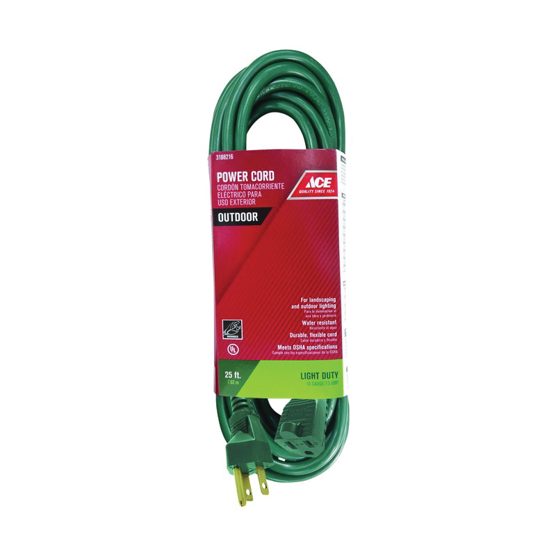 ACE OUST163025GR Extension Cord, 16 AWG Cable, 25 ft L, 13 A, 125 V, Green - 1