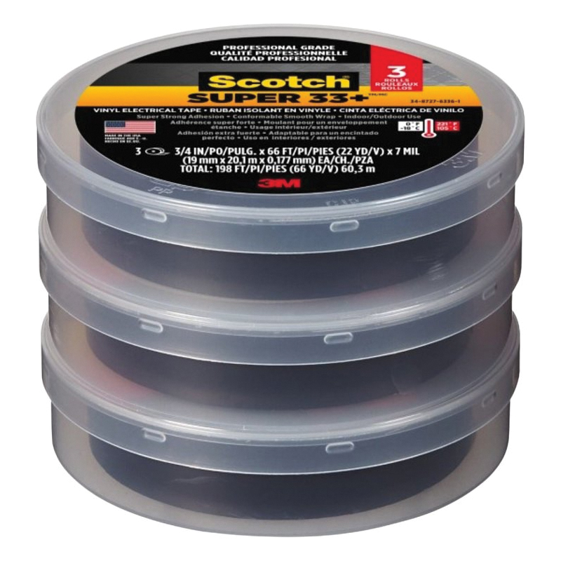 6132-BA-3PK-6 Electrical Tape, 66 ft L, 3/4 in W, Vinyl Backing, Black, 3/PK