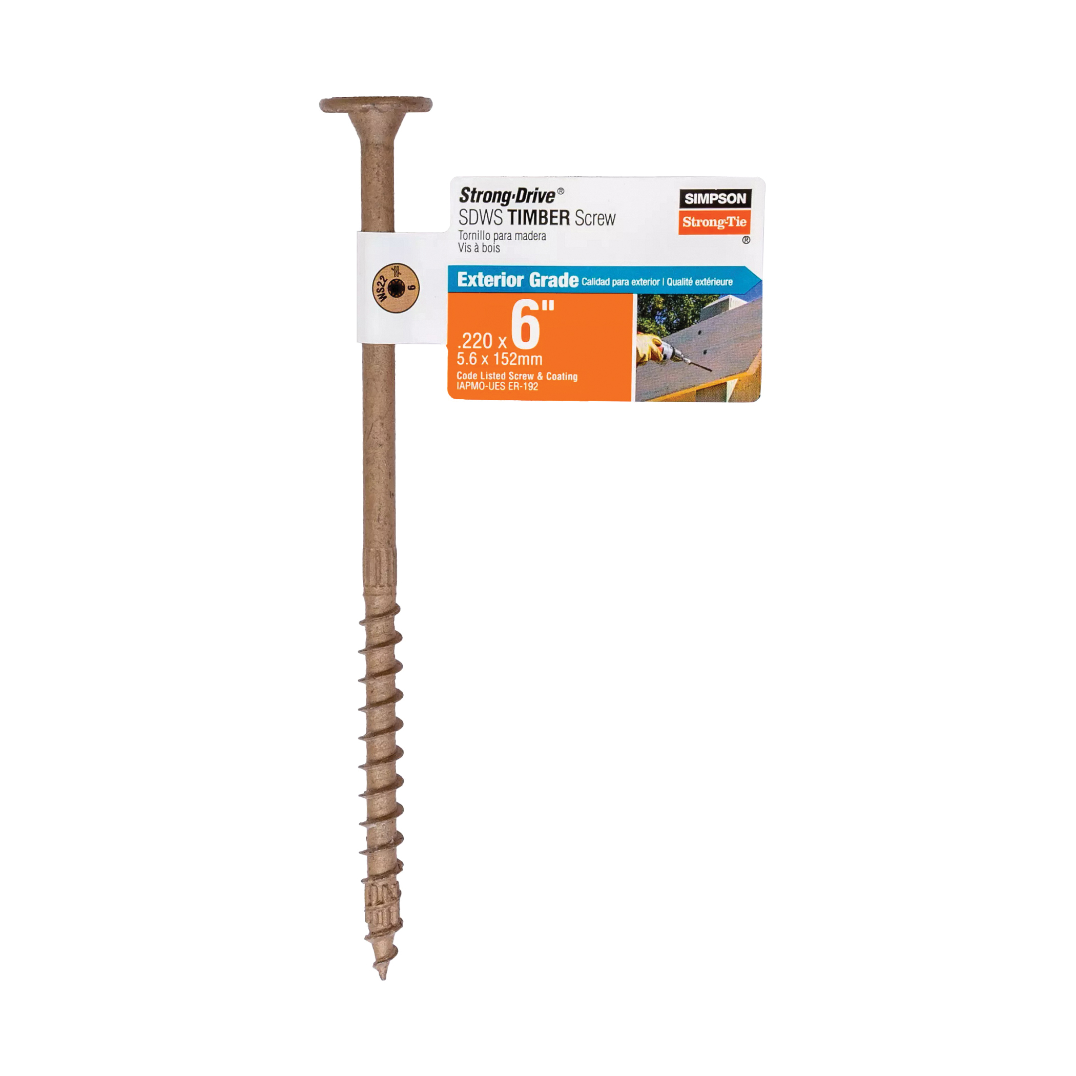 Simpson Strong-Tie Strong-Drive SDWS SDWS22600DB-RP1 Timber Screw, 6 in L, Serrated Thread, Washer Head, Tan, Steel