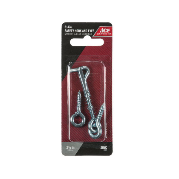 Safety Hook and Eye, Ace, 0.146 in Dia Wire, Steel, Zinc - 2