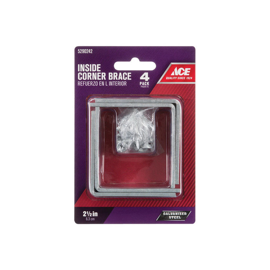 Inside Corner Brace, Ace, 2-1/2 in L, 3-3/4 in W, 2-1/2 in H, Steel, Galvanized - 3