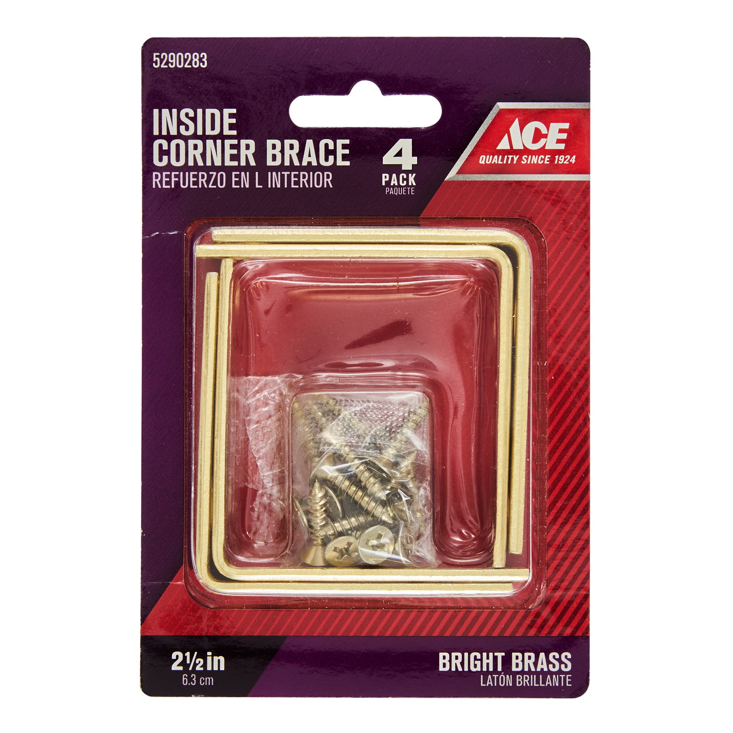 Inside Corner Brace, Ace, 2-1/2 in L, 3-3/4 in W, 2-1/2 in H, Brass, Bright - 2