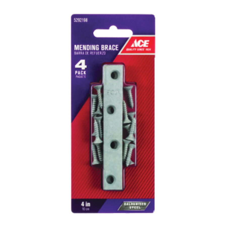 Mending Brace, Ace, 0.73 in L, 5/8 in W, Steel, Galvanized, 4/PK - 2