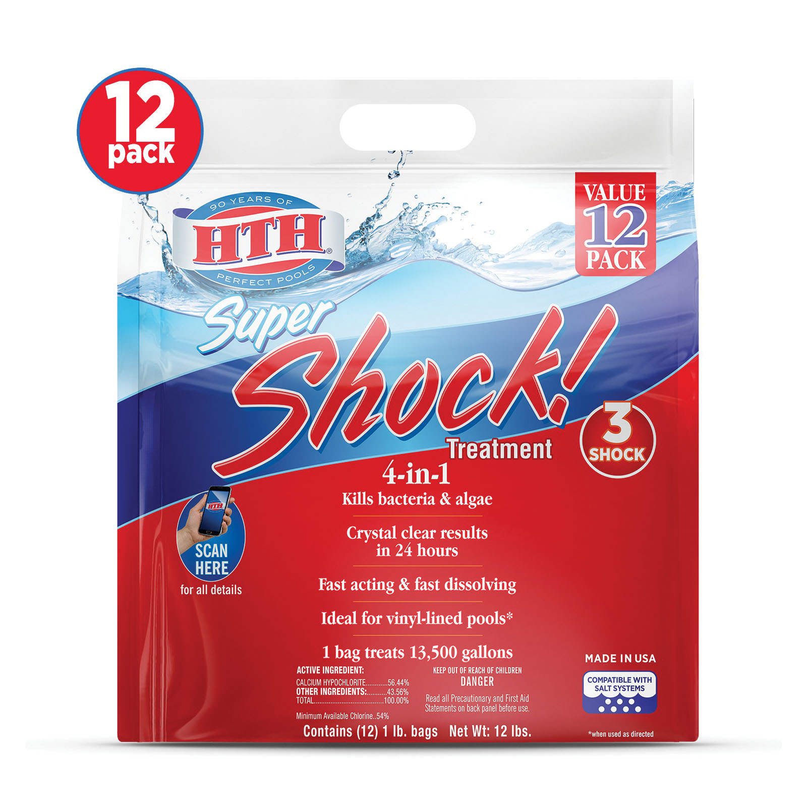 Super Shock 52026 Pool Chemical, 12 lb Bag, Granular, Chlorine, White