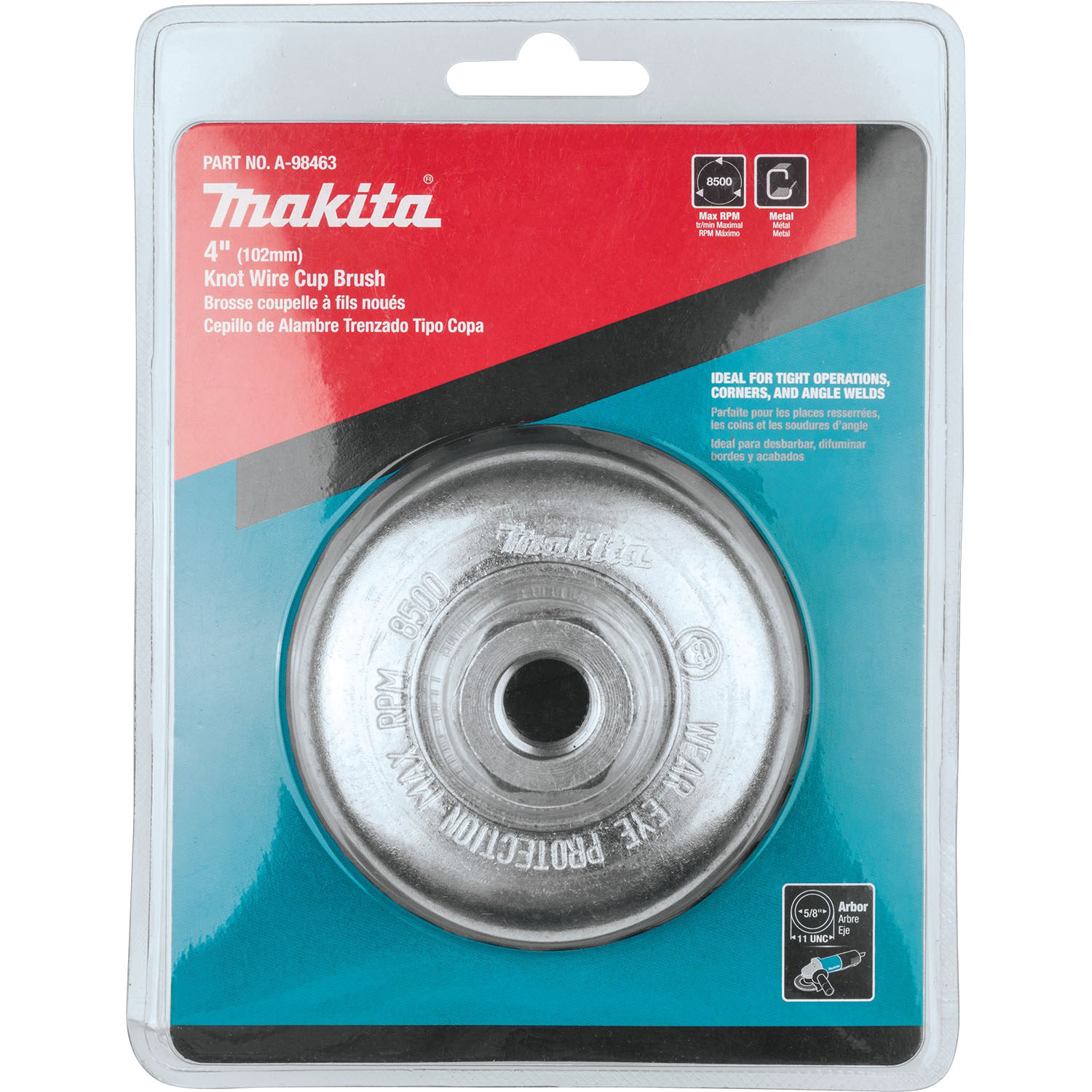 Makita A-98463 Knot Wire Cup Brush, 4 in W Brush, Carbon Steel Bristle, 1-1/8 in L Trim - 4