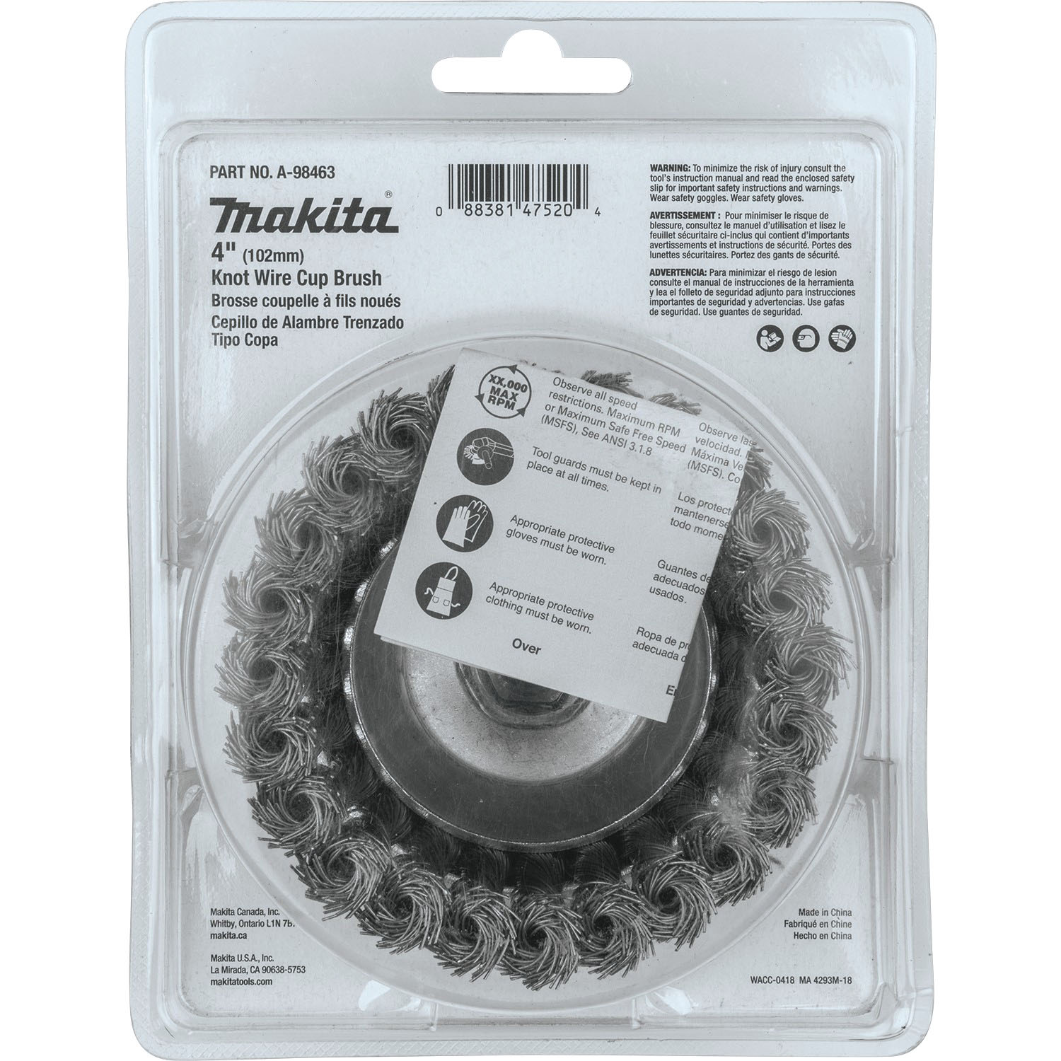 Makita A-98463 Knot Wire Cup Brush, 4 in W Brush, Carbon Steel Bristle, 1-1/8 in L Trim - 5