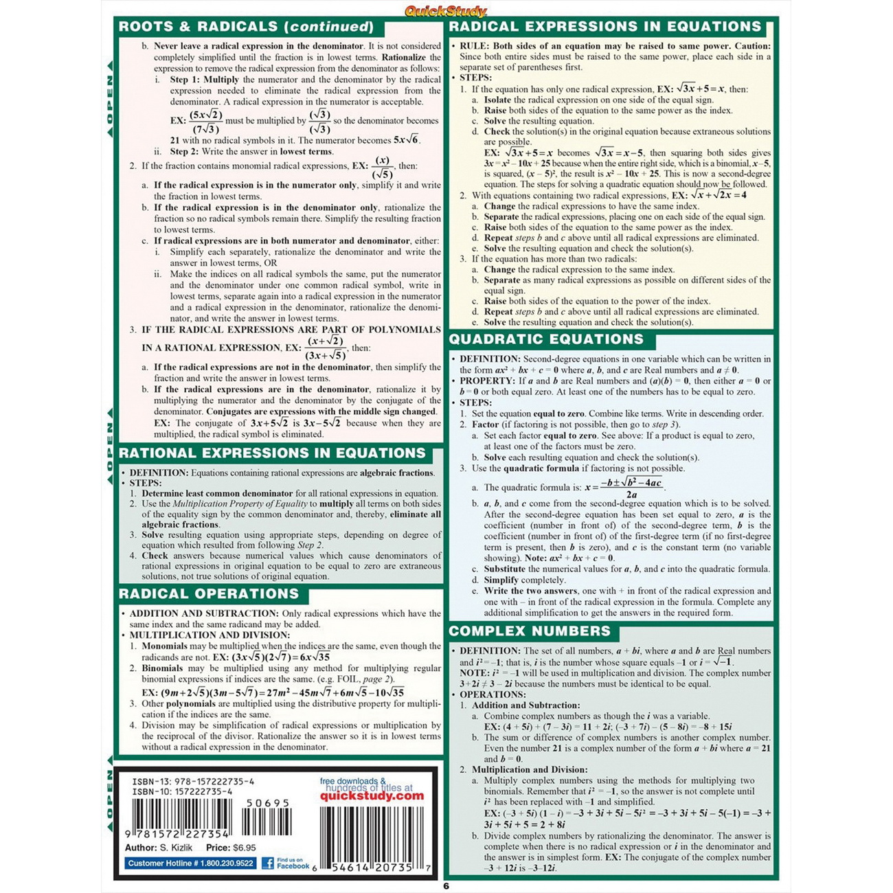 QuickStudy 9781572227354 Study Guide, Algebra Part 1, Author: S.B. Kizlik, 6-Page - 3