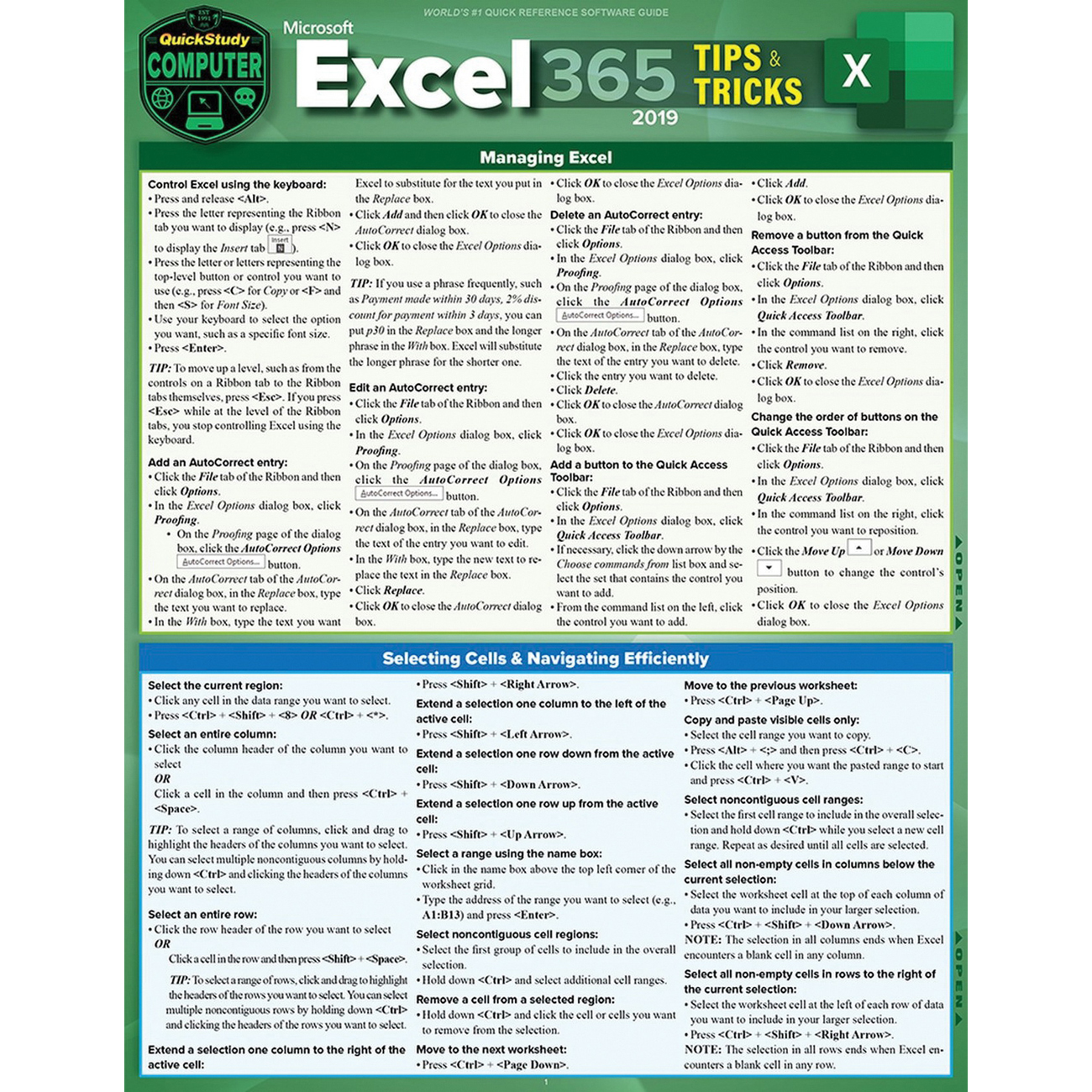 QuickStudy 9781423242604 Reference Guide, Microsoft Excel 365: Tips & Tricks 2019, Author: Curtis Frye, MBA, 6-Page - 2
