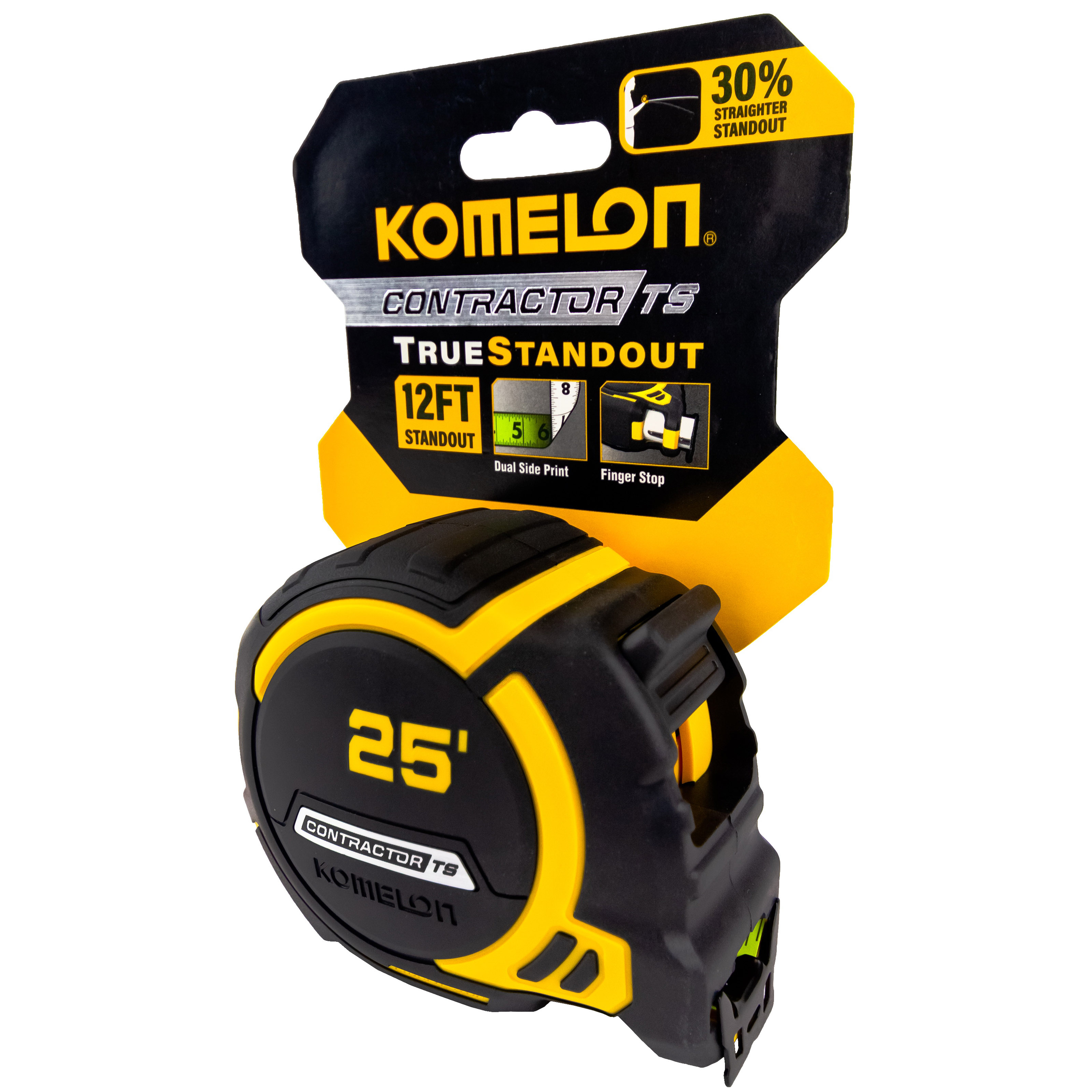 Contractor TS Magnetic Tape Measure, Komelon, 25 ft L, 1-1/4 in W, Steel Blade, ABS/Rubber Case, Black/Yellow Case - 2