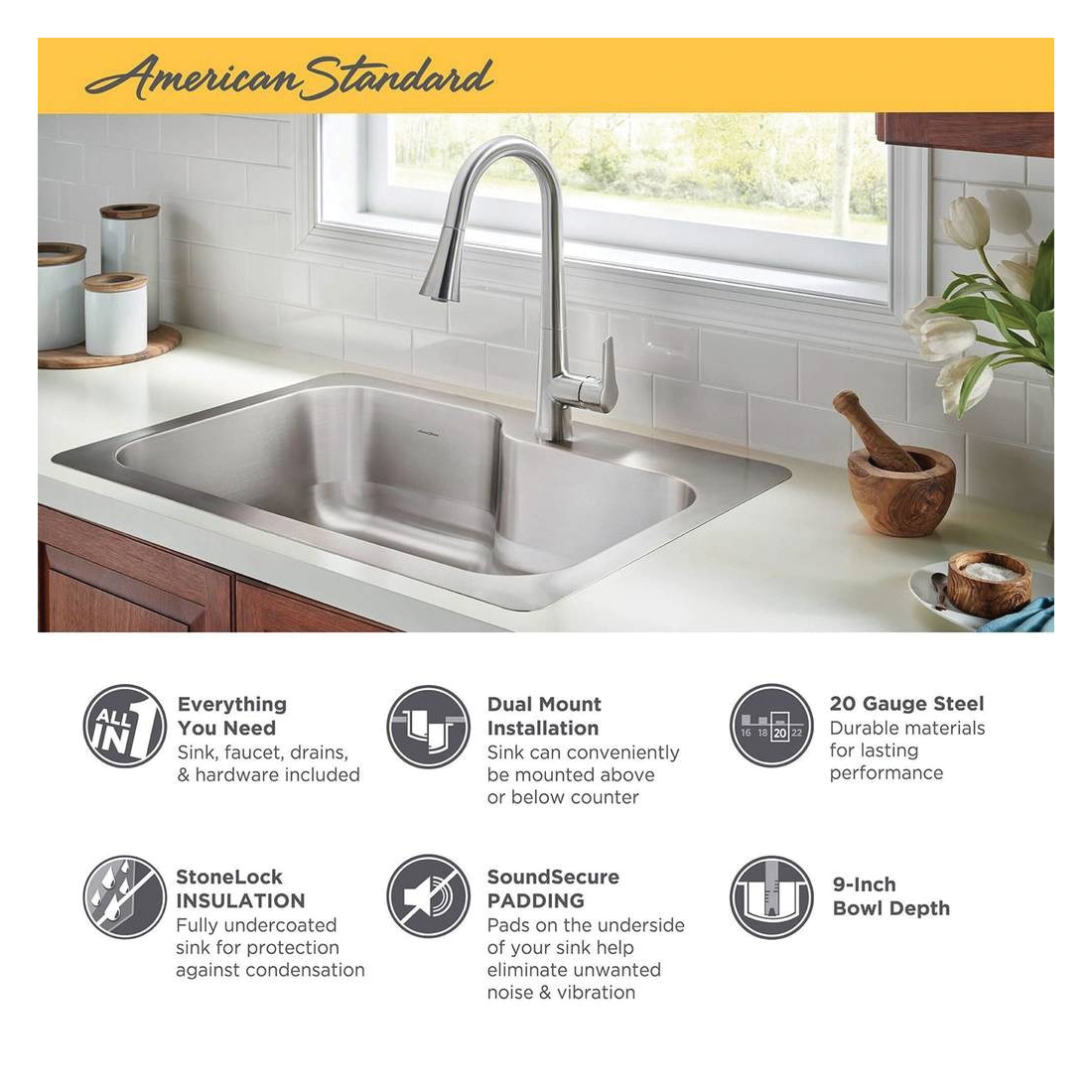 Kitchen Sink & Faucet, American Standard, Top/Undermount, 1-Bowl, 1-Hole, Stainless Steel - 2