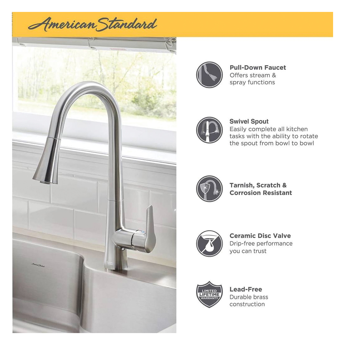 Kitchen Sink & Faucet, American Standard, Top/Undermount, 1-Bowl, 1-Hole, Stainless Steel - 3