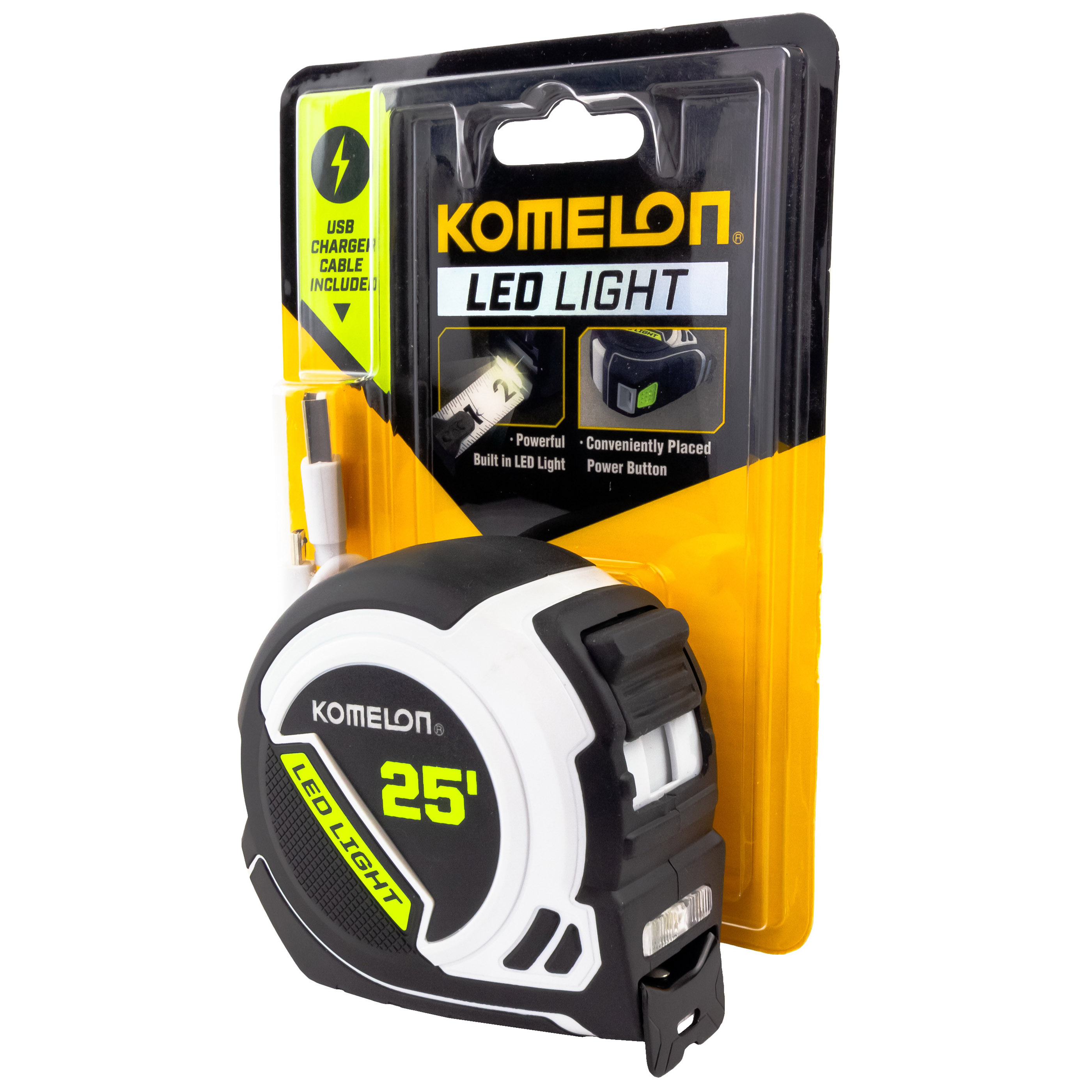 Tape Measure, Komelon, 25 ft L, 1 in W, Steel Blade, Black/White Case - 3