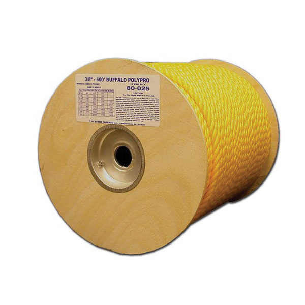 Buffalo Rope, T.W. Evans Cordage, 3/8 in Dia, 459 lb Working Load, Polypropylene, Yellow, Sold by the Foot - 1