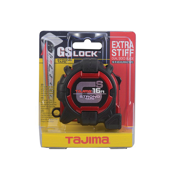Tape Measure, Tajima, 16 ft L, 1 in W, Steel Blade, Rubber Case, Black/Red Case - 5