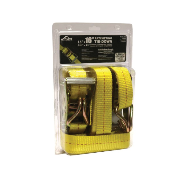 Ratchet Tie-Down Strap, Ancra, 1-1/2 in W, 16 ft L, Polyester, Yellow, 1666 lb Working Load, J-Hook End, 2 pk - 2