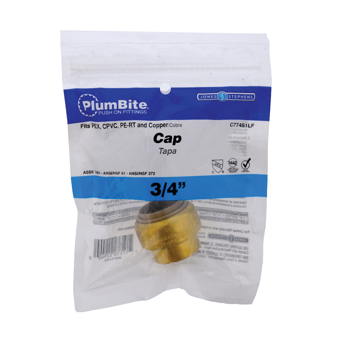 Jones Stephens PlumBite C77451LF Cap, 3/4 in, Brass, 200 psi Pressure - 4