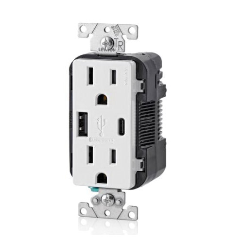 Decora T5633-W Outlet Charger, 15 A, 125 VAC, USB Socket, Type A, C USB, NEMA: NEMA 5-15R, White