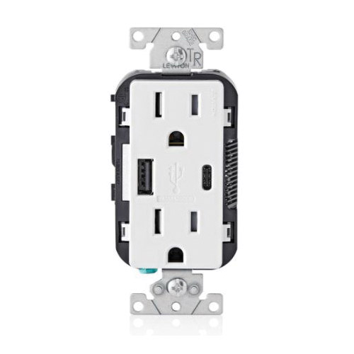 Decora T5633-W Outlet Charger, 15 A, 125 VAC, USB Socket, Type A, C USB, NEMA: NEMA 5-15R, White