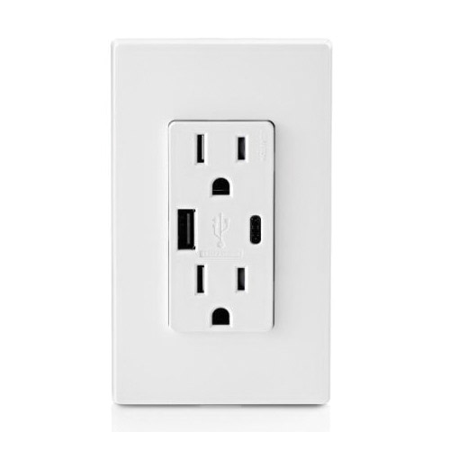 Decora T5633-W Outlet Charger, 15 A, 125 VAC, USB Socket, Type A, C USB, NEMA: NEMA 5-15R, White