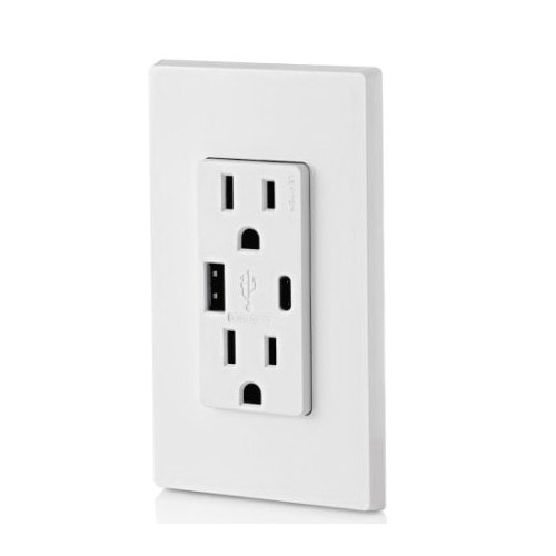 Decora T5633-W Outlet Charger, 15 A, 125 VAC, USB Socket, Type A, C USB, NEMA: NEMA 5-15R, White