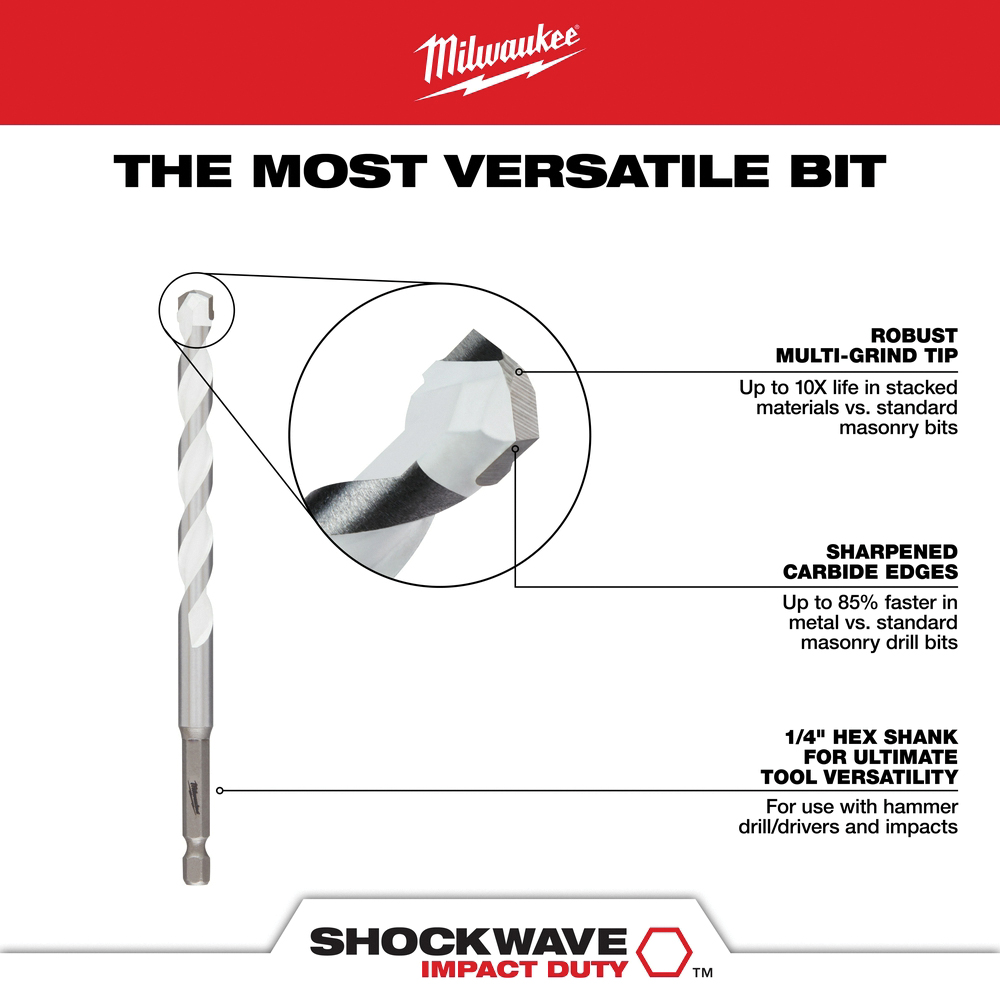 Milwaukee SHOCKWAVE 48-20-8880 Drill Bit, 1/8 in Dia, 3-1/2 in OAL, Multi-Material, Twist Flute, 1/4 in Dia Shank