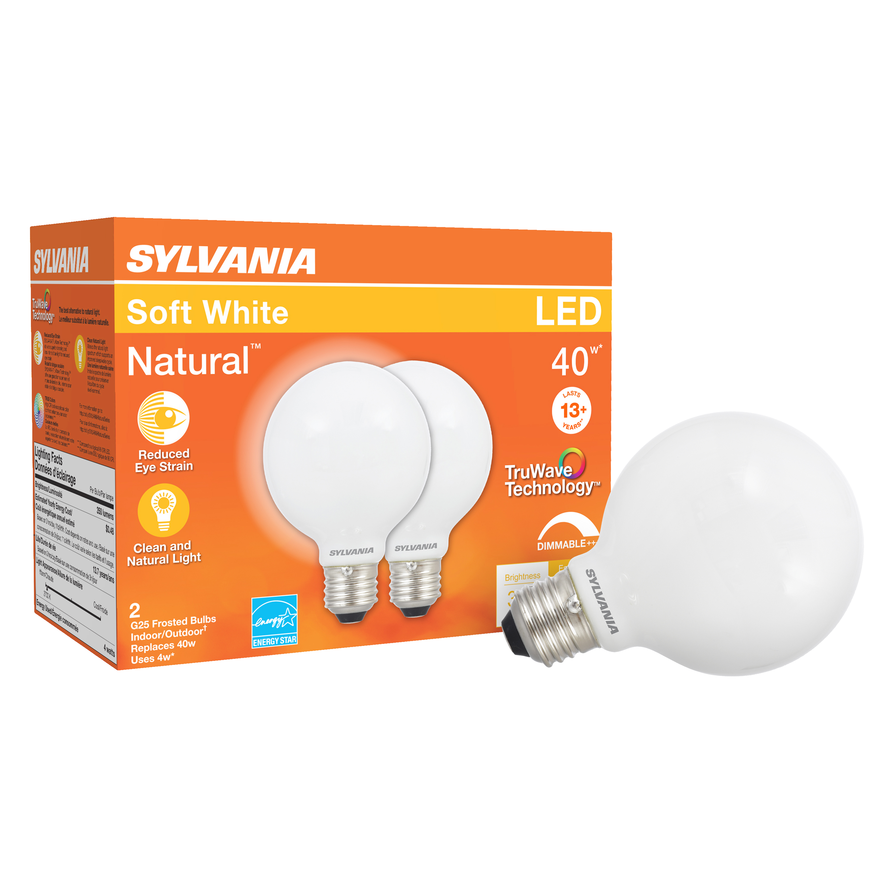 40765 Natural LED Bulb, Globe, G25 Lamp, 40 W Equivalent, E26 Lamp Base, Dimmable, Frosted, Soft White Light