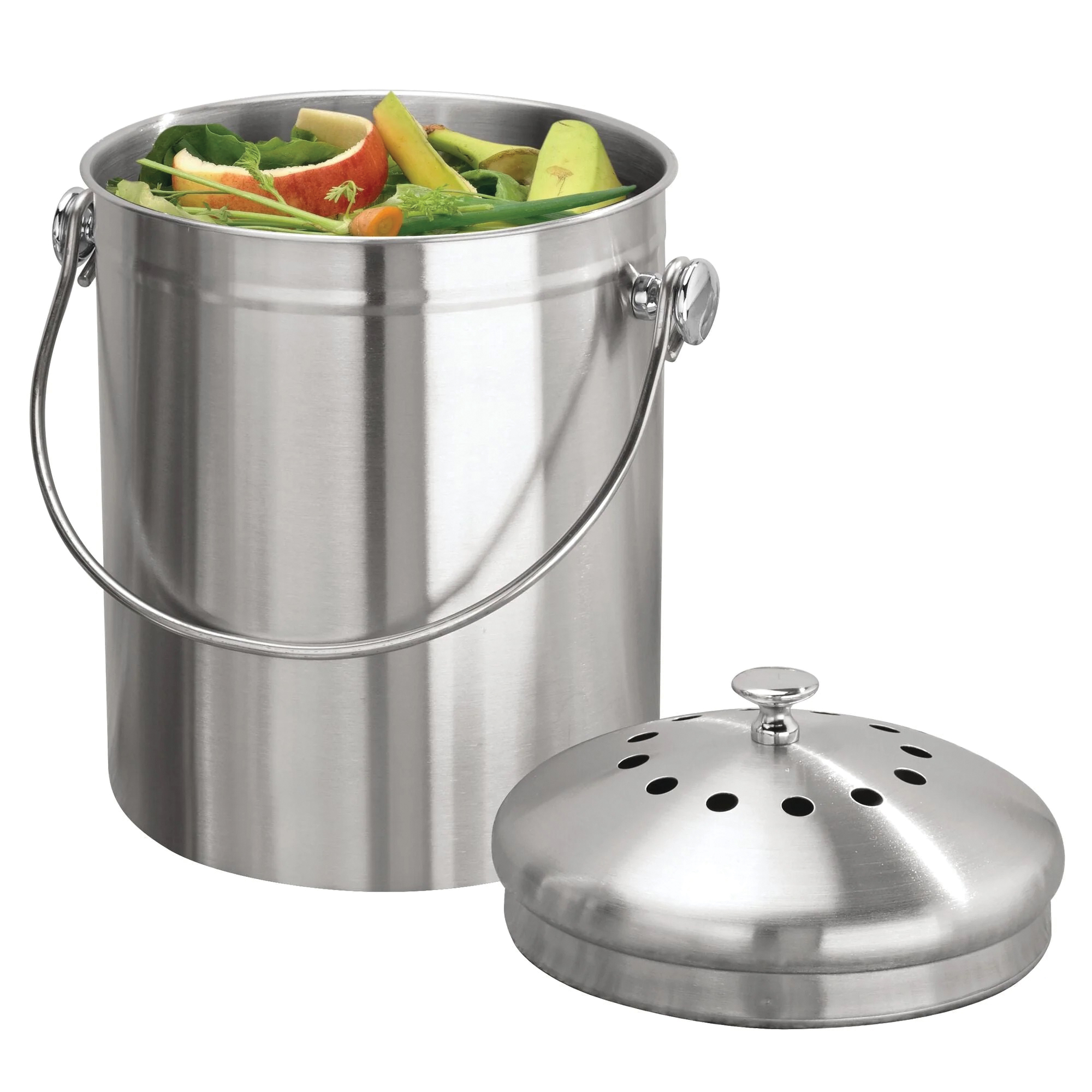 Kitchen Compost Bin, Idesign, 7 in W x 8-1/2 in H, 1.3-gal Capacity, Stainless Steel - 1