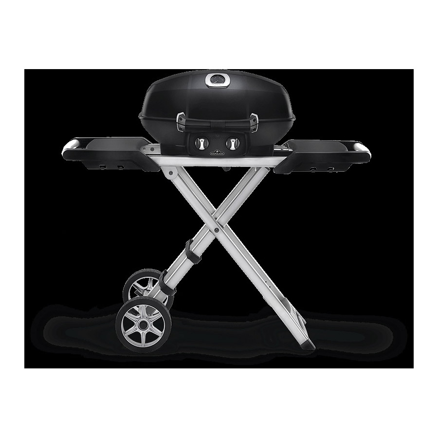 TravelQ Pro PRO285X-BK Gas Grill with Scissor Cart, 12,000 Btu, Propane, 2-Burner, Stainless Steel Body