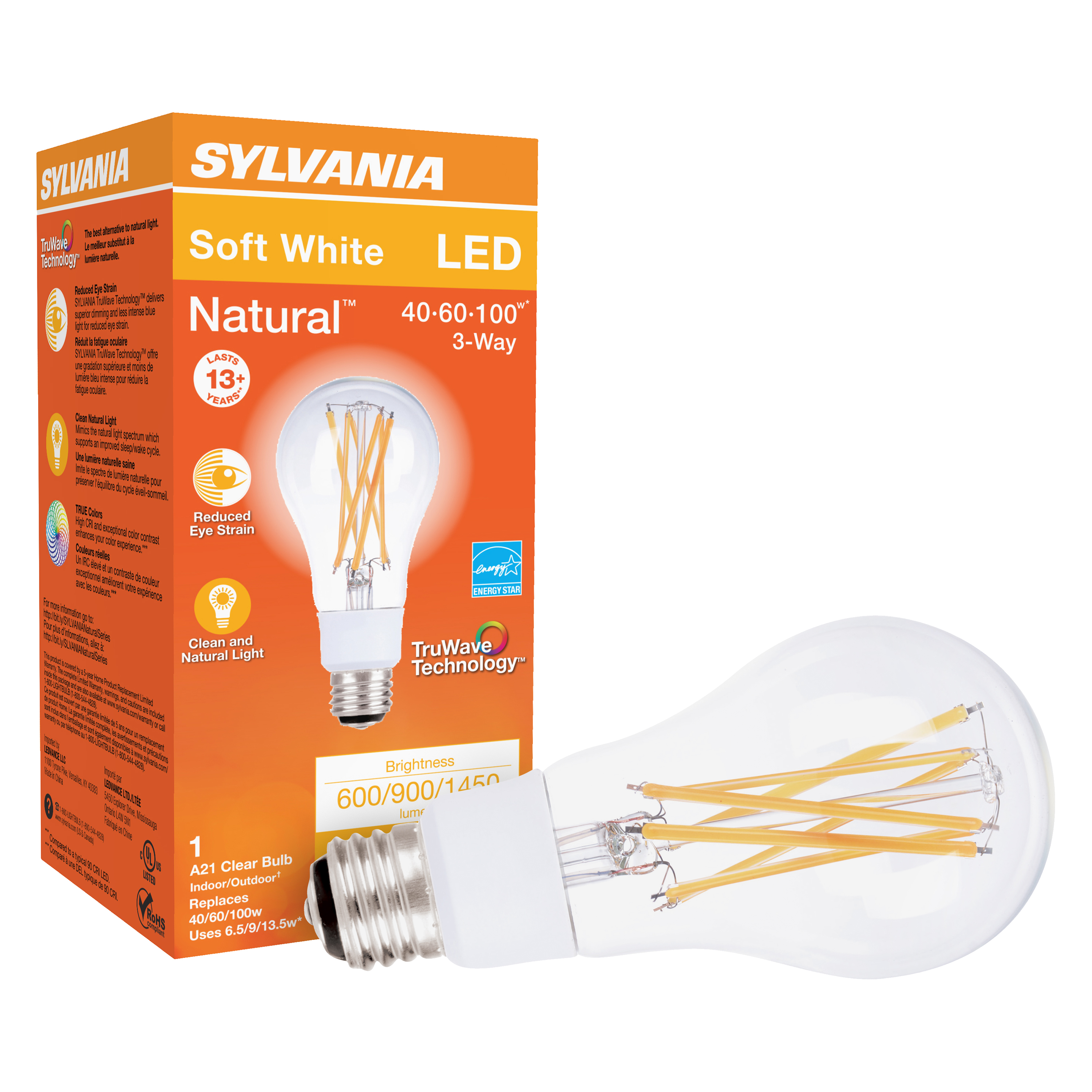 40769 Natural LED Bulb, 3-Way, A21 Lamp, 100 W Equivalent, E26 Lamp Base, Dimmable, Clear, Soft White Light