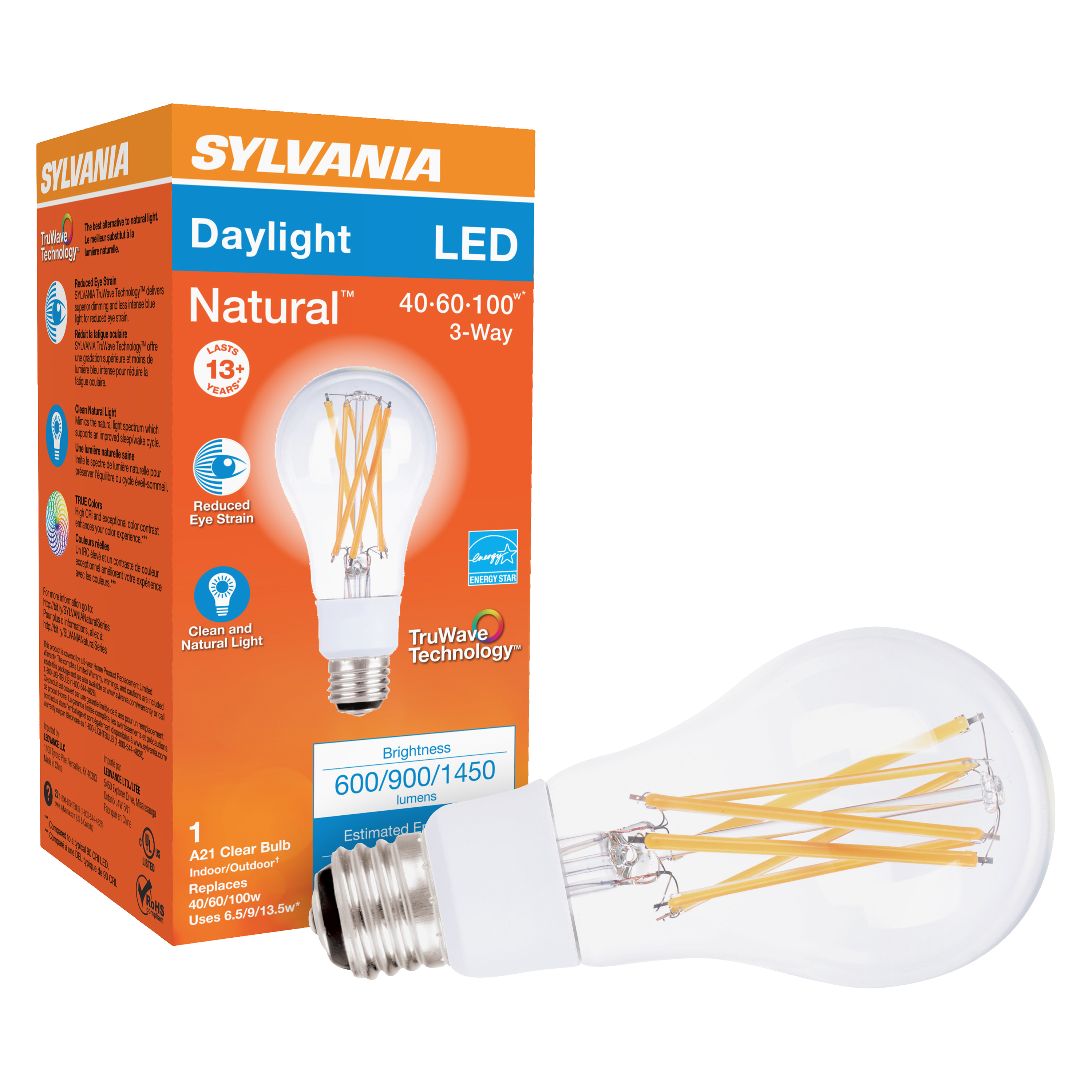 Sylvania 40770 Natural LED Bulb, 3-Way, A21 Lamp, 100 W Equivalent, E26 Lamp Base, Dimmable, Clear, Daylight Light