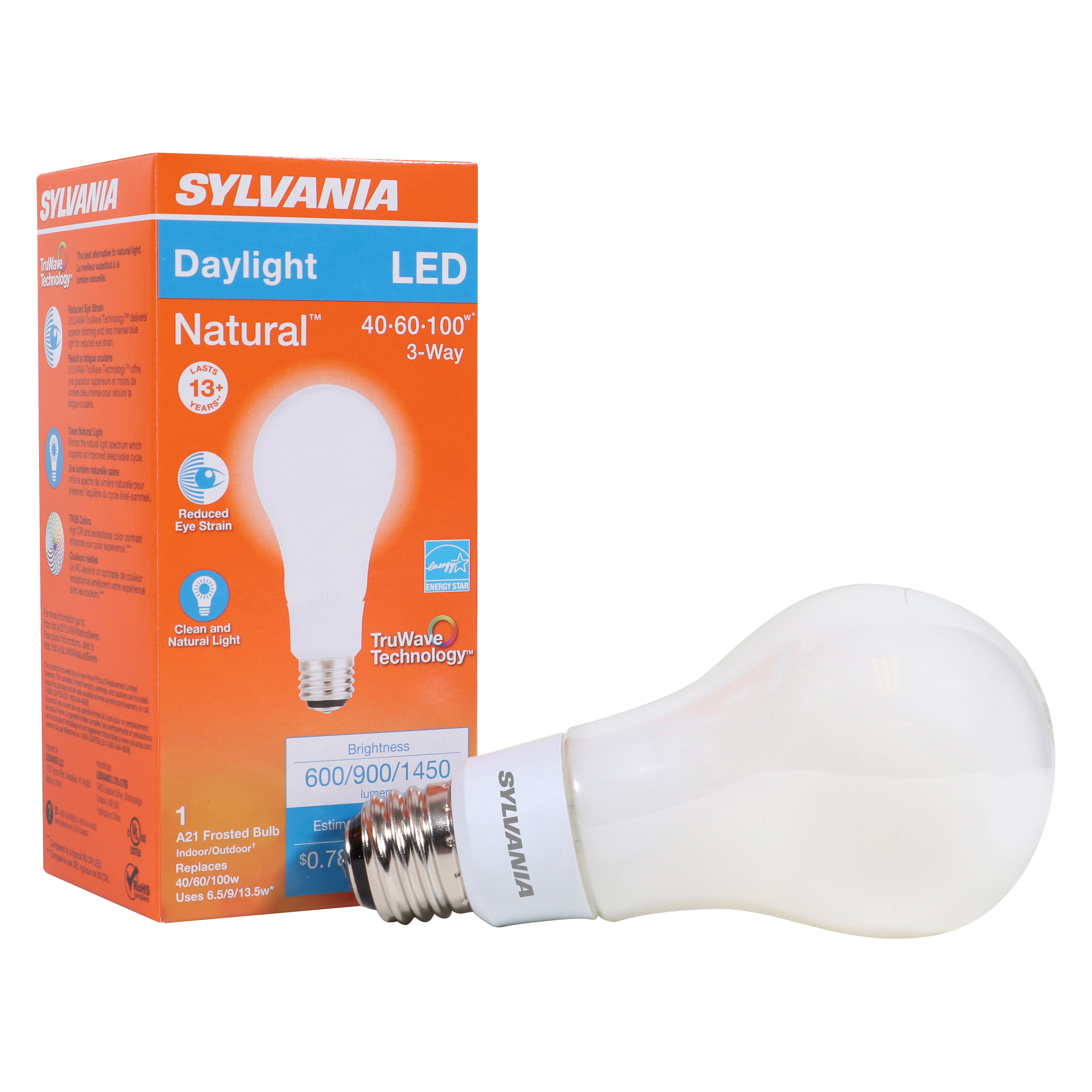 Sylvania 40778 Natural LED Bulb, 3-Way, A21 Lamp, 100 W Equivalent, E26 Lamp Base, Dimmable, Frosted, Daylight Light