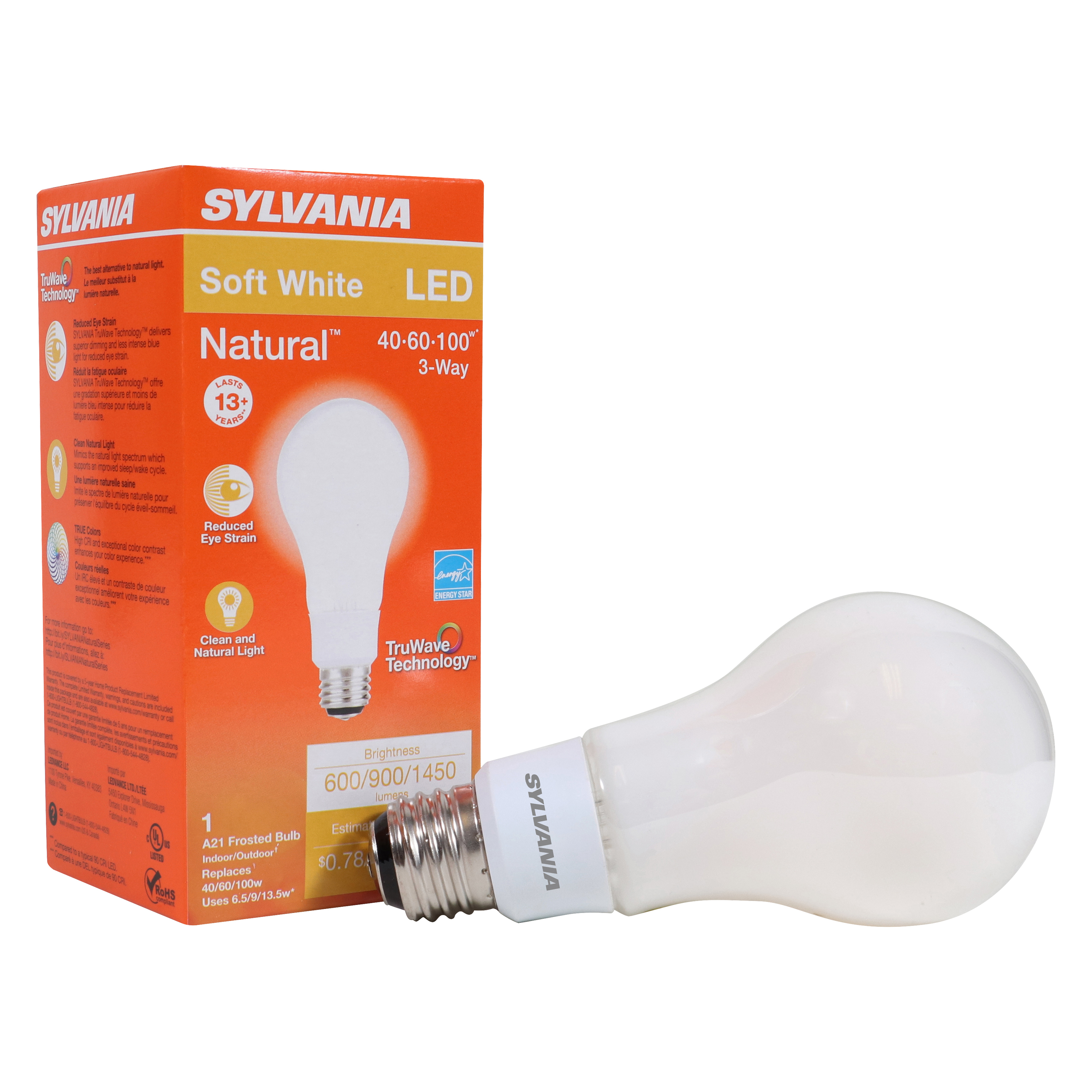 40777 Natural LED Bulb, 3-Way, A21 Lamp, 40/60/100 W Equivalent, E26 Lamp Base, Dimmable, Frosted