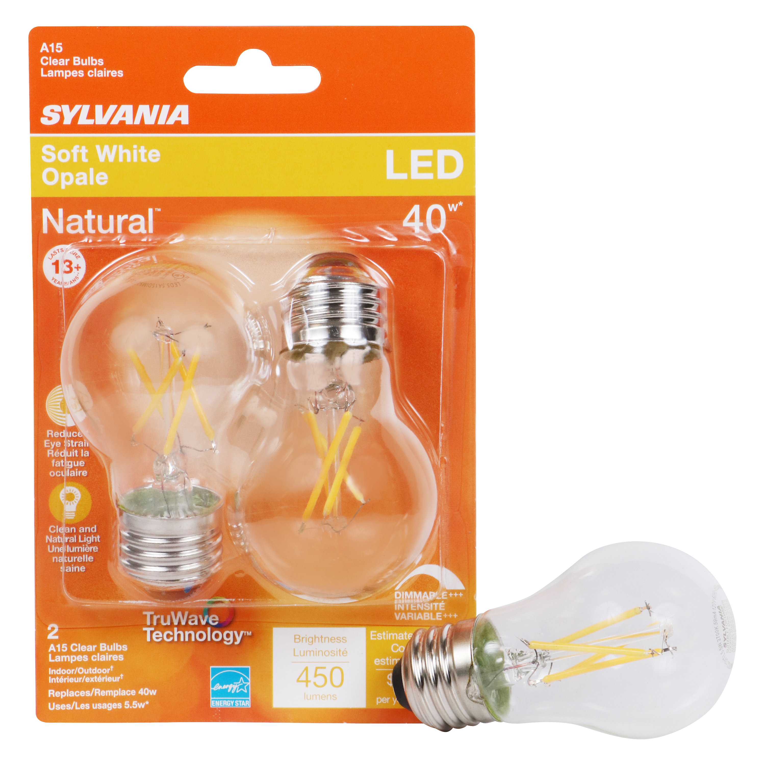 40761 Natural LED Bulb, General Purpose, A15 Lamp, 40 W Equivalent, E26 Lamp Base, Dimmable, Clear