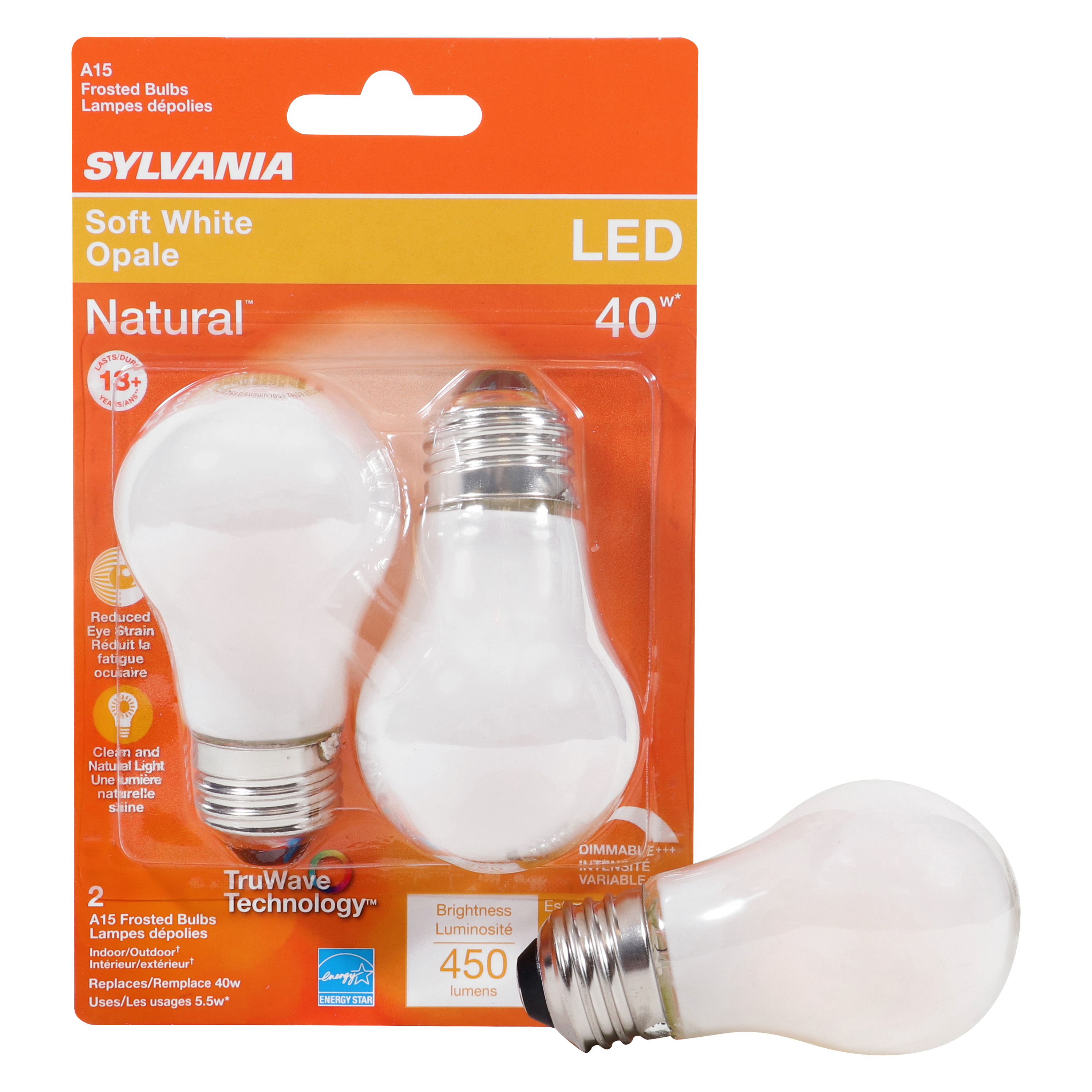 40762 Natural LED Bulb, General Purpose, A15 Lamp, 40 W Equivalent, E26 Lamp Base, Dimmable, Frosted